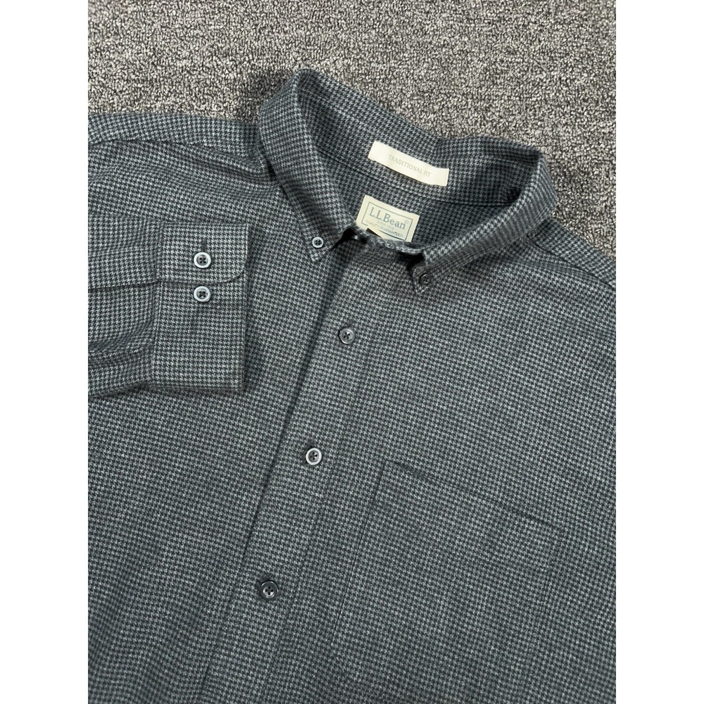 LL Bean Flannel Shirt Men's Large Button Down Gray Houndstooth Traditional Fit
